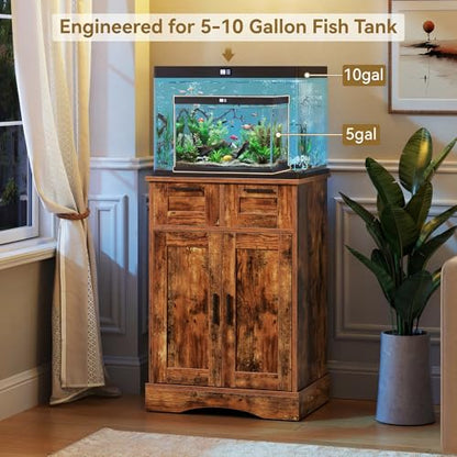 10 Gallon Aquarium Stand, Fish Tank Cabinet with 2 Drawers | Aquarium Stand for 5-10 Gallon Fish Tank Accessories Storage, 20.5" x 11.0" Tabletop, Rustic Brown PTBX02BR - size: 5-10 Gallon Fish Tank Stand