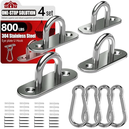 sprookber 304 Stainless Steel Pad Eye Snap Hooks, M6 Heavy Duty Ceiling Hooks, 800 lb Capacity Hammock Swing Hanging kit, Plant Hangers, Marine Hardware Staple Hook Loop with Screws, Set of 8 | Hanging Kit with Screws for Hammock Chair Swing, Yoga Gym Equ