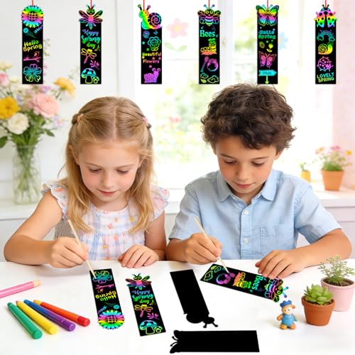 JUNEBRUSHS Spring Scratch Bookmarks, 30PCS Crafts for Kids DIY Rainbow Scratch Art, Spring Activities for Kids Art Project with 6 Designs, 30 Strings and 12 Sticks - style: Spring Style