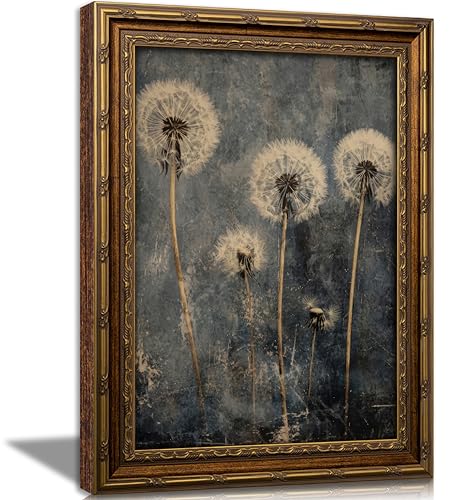 Vintage Gold Framed Dandelion Wall Art Moody Cottagecore Dandelion Painting Canvas Print Gothic Dark Plant Print Poster Wall Decor Retro Moody Plant Floral Poster Artwork for Bedroom Living room - color: Dandelion, size: 11"L x 9"W