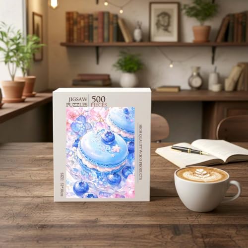 Blue Macaron Food Jigsaw Puzzle - 500 Pieces Wooden Puzzle for Adults, Wall Art Gift, Finished Size: 20 x 15 Inch - color: Blue Macaron - 500 Pieces