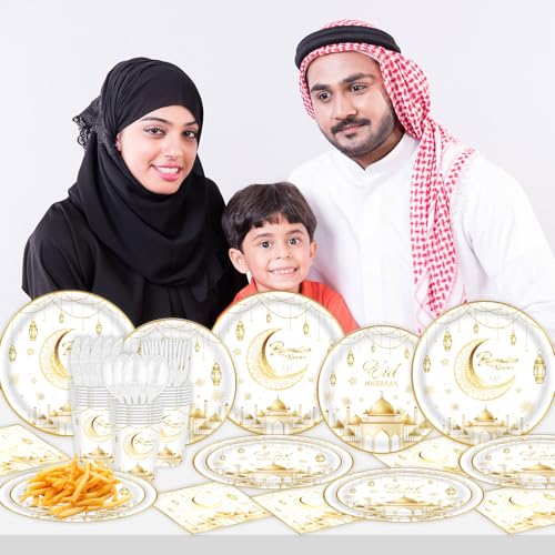 Auch Eid Mubarak Party Supplies Set – 24 Pack Tableware Set for Ramadan Eid Celebrations - Include Plates, Paper Cups, Napkins, Gold Foil Cutlery (White)
