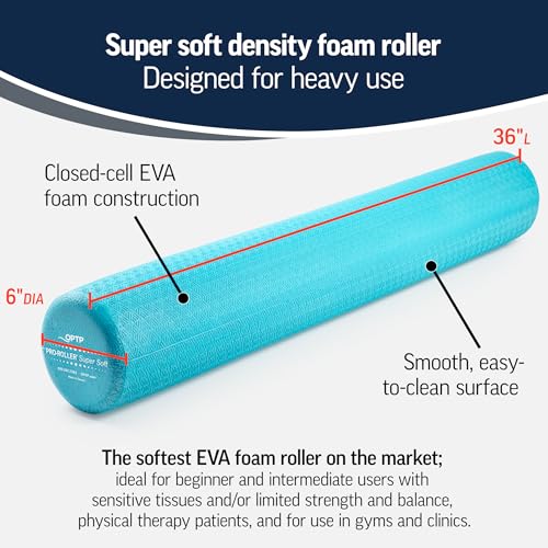 OPTP PRO-Roller Super Soft Density Foam Roller – Round, Light Blue, 36"x 6" | Low density foam roller for exercise, gentle massage, and physical therapy, gentle, forgiving compression, 36" x 6" round