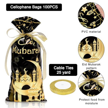 Whaline 100 Pcs Eid Mubarak Cellophane Treat Bags with Ribbon Ramadan Plastic Gift Bags Black Gold Candy Goodie Bags for Islamic Holiday Birthday Party Supplies - color: Black Gold