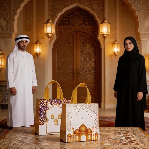 12pcs Large Eid Mubarak Gift Bags，Reusable Ramadan Bag with Handles ramadan Goodie bags Non Woven Eid Bag for Ramadan Kareem Eid Mubarak Party Supplies
