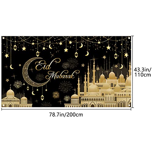 Aviski Eid Mubarak Banner 78 x 43 Inch Black Background Banners for Muslim Party Decorations