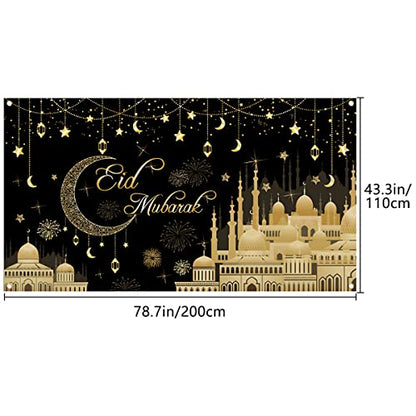 Aviski Eid Mubarak Banner 78 x 43 Inch Black Background Banners for Muslim Party Decorations