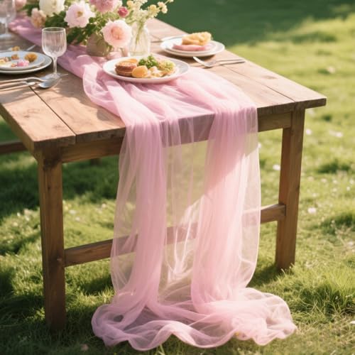 Pink Gauze Table Runner 10ft Rustic Cheese Cloth Table Runner Boho Style Decorations for Romantic Date Wedding Party Baby Shower Photography Decoration - color: Pink, size: 10 ft × 1 pc