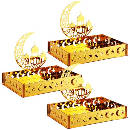 DoubleFill 3 Sets Ramadan Serving Tray Gold Eid Mubarak Holder Al-fitr Home Decoration for Moon Star Tray Gold Container for Home Islamic Muslim Party Tableware Kitchen Dessert Food Storage(Classic) - style: Classic