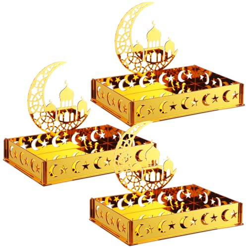 DoubleFill 3 Sets Ramadan Serving Tray Gold Eid Mubarak Holder Al-fitr Home Decoration for Moon Star Tray Gold Container for Home Islamic Muslim Party Tableware Kitchen Dessert Food Storage(Classic) - style: Classic