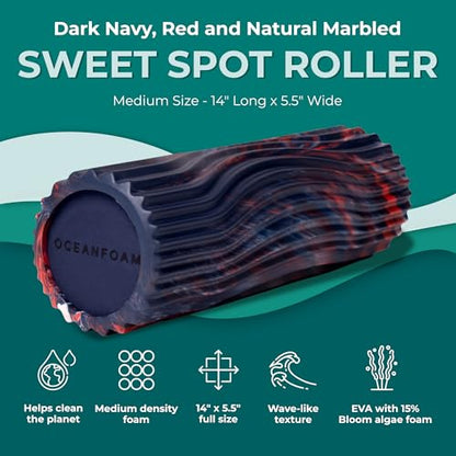 Oceanfoam Sweet Spot Medium Exercise Foam Roller 14"x5.5" – Medium Density Travel Foam Roller for Physical Therapy, Deep Tissue Massage, Yoga, Pilates, Wave Texture (Dark Navy, Red & Natural Marbled) - color: Dark Navy, Red & Natural Marbled