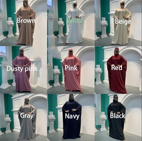 Women's Solid Muslim One-Piece Prayer Dress Abaya Kaftan with Hijab Full Length Dress - color: White