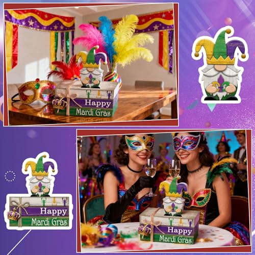 4 Pcs Mardi Gras Decorations Wooden Mardi Gras Table Centerpiece Crawfish Gnome Carnival Tiered Tray Decorations Mini Wooden Faux Books Stack Signs for Masquerade Office Tabletop Bookshelf - style: Crowns
