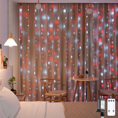 JMEXSUSS 300LED Red and White Christmas Curtain Lights for Bedroom, Plug in - color: Red and White, size: 300 LED