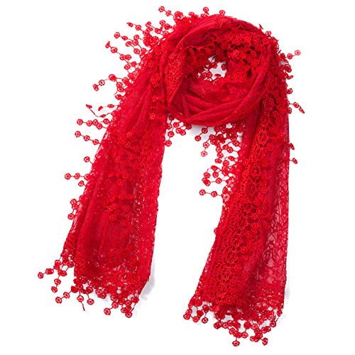 Cindy & Wendy Lightweight Soft Leaf Lace Fringe Scarf Bridal Shawl for Women - color: Red-2