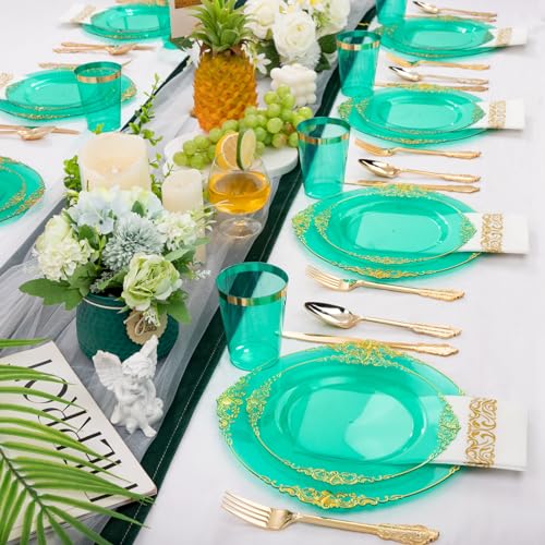 Hioasis 175pcs Clear Green Plastic Plates - Elegant Disposable Dinnerware Set Suitable for 25 Guests Include 10.25" Dinner & 7.5" Dessert Plates, Cutlery, Napkins, Cups for Party & St. Patrick's Day - color: Clear Green and Gold