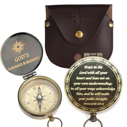 God's Guide & Blessing Compass, Trust in The Lord Compass, Wood Box Greeting, Inspirational Gift Men, Christian Boys Baptism Gifts, Graduation Day with Wooden Box - color: 4.Bronze Trust in The Lord PU Leather