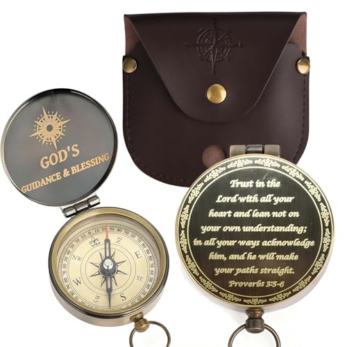 God's Guide & Blessing Compass, Trust in The Lord Compass, Wood Box Greeting, Inspirational Gift Men, Christian Boys Baptism Gifts, Graduation Day with Wooden Box - color: 4.Bronze Trust in The Lord PU Leather