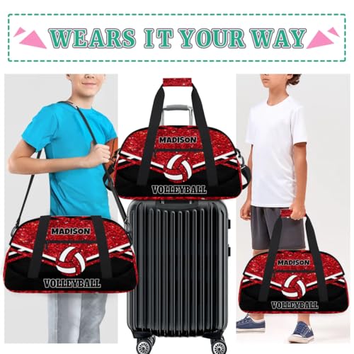 Personalized Sports Volleyball Bag, Custom Team Name Gym Sport Duffel Bag Weekender Bags Travel Duffel Bag, Red Glittering with Black - color: Red Black
