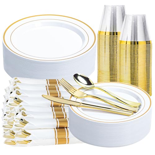 175 PCS White and Gold Plastic Dinnerware Set for 25 Guests - color: Gold, size: 175 PCS