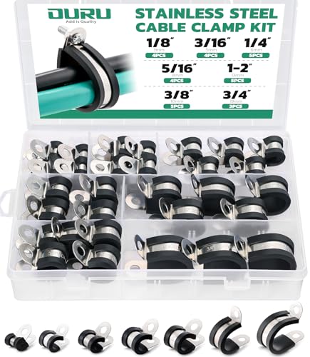 OURU 30PCS Cable Clamps Assortment Kit,Rubber Coated, 1/8"-3/4" 7 Sizes | 304 Stainless Steel, Anti-Vibration, Rust Resistant, Secure Hold, Automotive Wire, Pipe & Tube Mounting, Cable Management - size: 30pcs - 1/8", 3/16", 1/4", 5/16", 3/8", 1/2", 3/4"