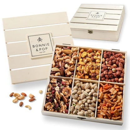 Nut Gift Basket, in Reusable Wooden Crate, Healthy Fathers Day Gift Option, Gourmet Snack Food Box, with Unique Flavors, Great for Feel Better, Sympathy & Birthday- Bonnie & Pop - style: 6 section
