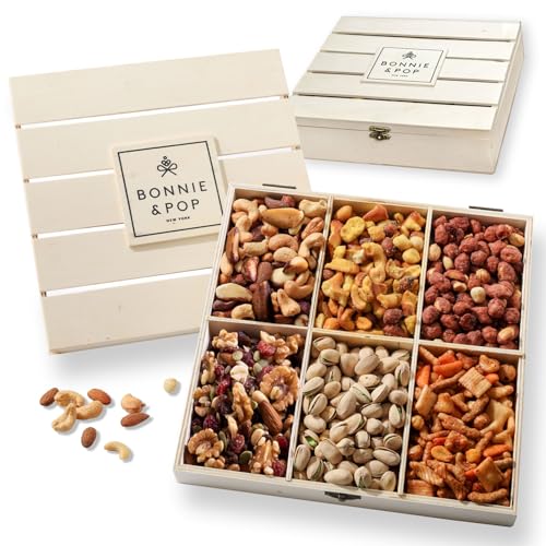 Nut Gift Basket, in Reusable Wooden Crate, Healthy Fathers Day Gift Option, Gourmet Snack Food Box, with Unique Flavors, Great for Feel Better, Sympathy & Birthday- Bonnie & Pop - style: 6 section