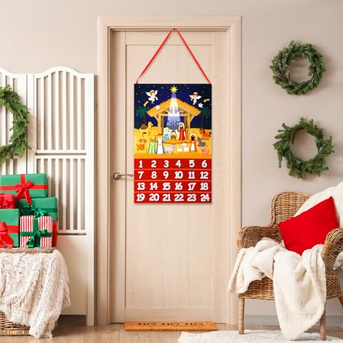 Wonderjune Nativity Advent Calendar Christmas Felt Hanging Advent Calendar Craft Religious Jesus Christian Nativity Scene Countdown to Christmas with 24 Ornaments Pockets Xmas Holiday Wall Decoration