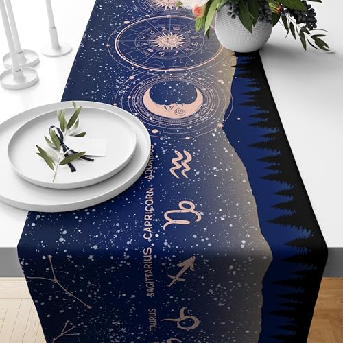 Zodiac Astrology Table Runner, Navy Blue Constellation Horoscope Sun Moon Signs Forest Cotton Linen Dining Table Decor for Celestial and Starry Sky Lovers – 13x36 Inch - color: Blue Sun Moon, size: 13x36inch