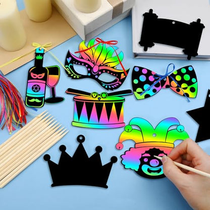 FEBSNOW 48 PCS Purim Crafts for Kids Rainbow Magic Scratch Art Paper Cards for Purim Party Favors Hanging Ornaments Classroom Activities Project DIY Crafts Gift - style: Purim