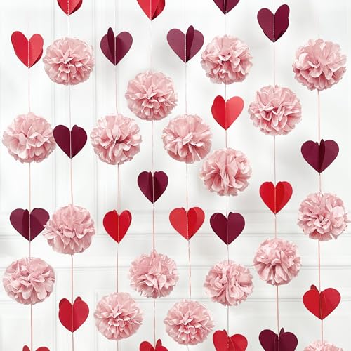 Dusty Rose Pink Party Decoration Tissue Flowers Pom Pom with Burgundy Red 3D Heart Hanging Paper Garland Banner Streamer for Valentines Day Birthday Wedding Shower Bridal Shower Party Supplies - color: Burgundy Red Heart