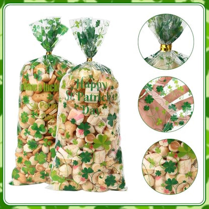 eowqeiur 100 PCS St Patricks Day Treat Bags(5x11 Inch) Green Shanrock Cellophane Bags for Cookie Candy Goodie Goody Snack Gifts Wrap Clover Spring Baggies Pouch St Patricks Party Favors Supplies - color: 100 St Patrick bags