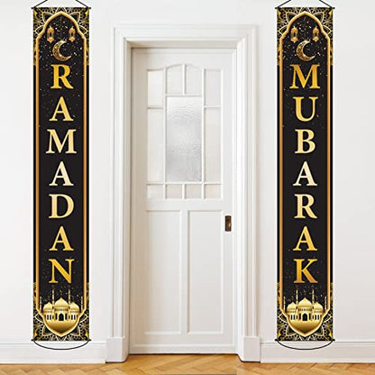 Ramadan Mubarak Banner Eid Mubarak Door Sign Hanging Banners Decoration Set for Ramadan Themed Party Indoor and Outdoor Party Supplies Decorations