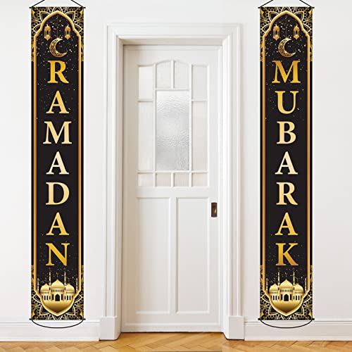 Ramadan Mubarak Banner Eid Mubarak Door Sign Hanging Banners Decoration Set for Ramadan Themed Party Indoor and Outdoor Party Supplies Decorations