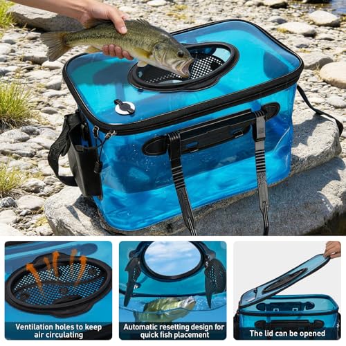 THKFISH Foldable Transparent Fishing Bucket, 8 Gallon Foldable Bait Bucket, Live Fish Container Multi-Functional Bait Bucket, Live Bait Fishing Bucket for Saltwater, Camping (8Gallon) - size: 8Gallon with Aerator