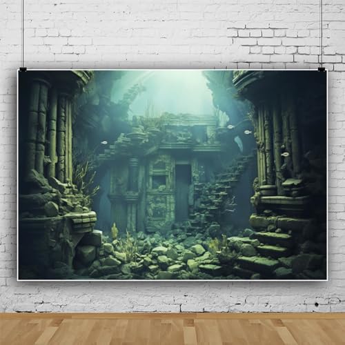 15x8ft Underwater Backdrop Undersea Roman Building Gothic Style Palace Mid Century Photography Background Aquarium Building Stone with Fish Seaweed Deep Sea Sunlight Decor - size: 15x8ft
