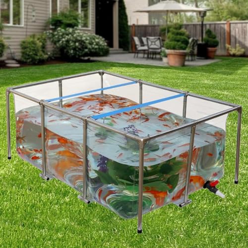 PVC Plastic Koi Fish Pond - Transparent Foldable Outdoor Aquarium Ornamental Large Fish Tank with Stainless Steel Frame - Above Ground Pond with Drain Valve Rectangular Pool(59.0"x39.3"x27.6") - size: 59.0"x39.3"x27.6"