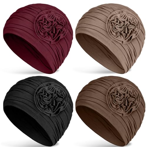 JenPen 4 Pcs Cotton Chemo Headwear for Women Turban Soft Cancer Head Scarf Hats Beanie Elastic Hair Wraps - color: Black, Khaki, Wine Red, Brown