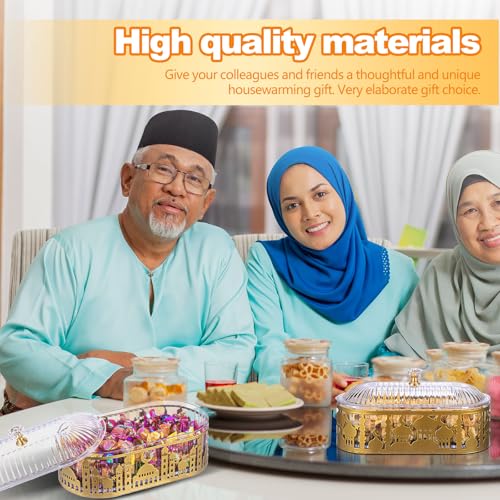 2 Pcs Ramadan Trays with Lid Metal Gold Eid Mubarak Plates Ramadan Moon Candy Dish Table Decorations Food Serving Tray Islam Muslim Al-Fitr Cookie Storage Container for Eid Party Supplies