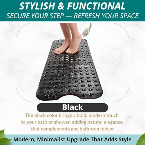 ENKOSI Non-Slip Bath & Shower Mat 40x16 Extra Long, Suction & Drain Holes | Black color; Durable PVC; 40x16 in, Black - color: Black