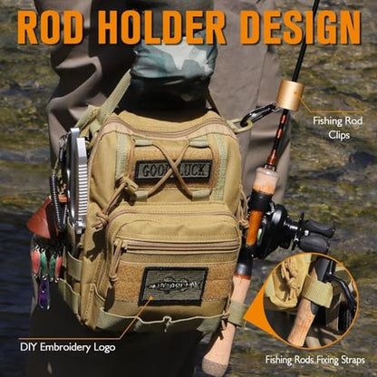 Small Fishing Backpack, Waterproof Fly Fishing Sling Pack Tackle Bag with Tackle Boxes - color: B-Khaki(Size:17.7*8.5*5.7in)