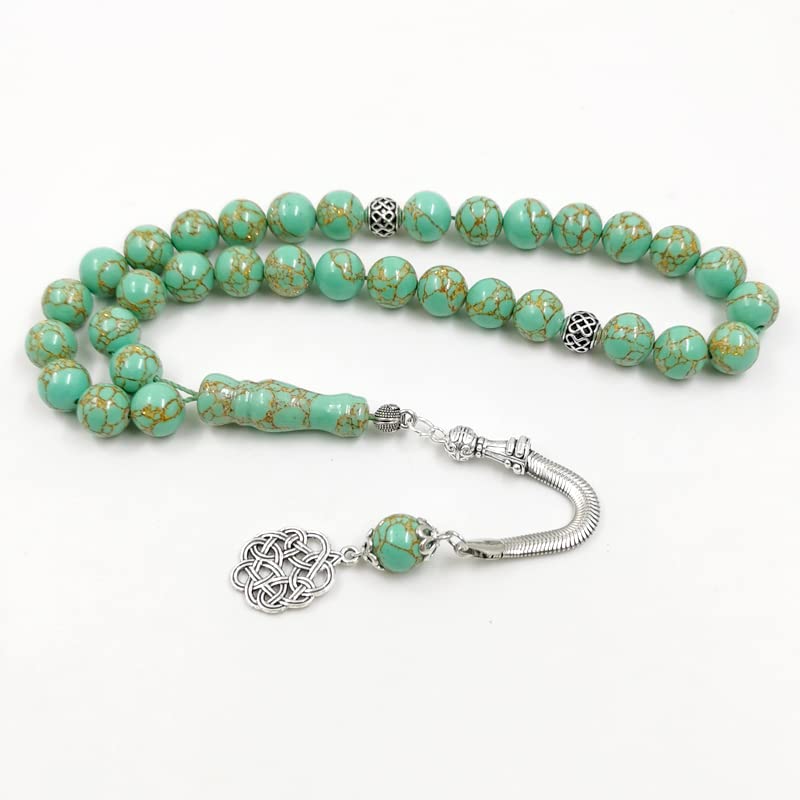 Tasbih Green Turquoise Stone Inside Gold Line Muslim Prayer Beads Islamic Rosary Beads Bracelet (10mm x 33 Beads) - size: 10mm x 33 beads