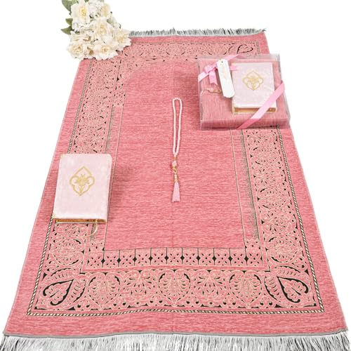 IEF Personalized Prayer Rug Quran Prayer Beads Islamic Gift Set, Ramadan Eid Wedding Birthday Mother's Day Father's Day Anniversary Day Gifts - color: Pink