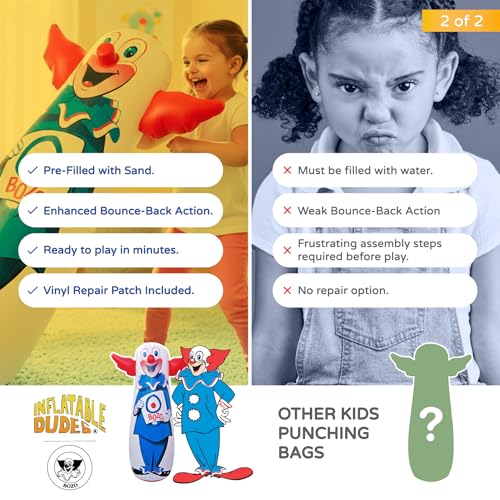 INFLATABLE DUDES Bozo the Clown 47 Inches – The Original Bop Bag Design | Kids Punching Bag | Already Filled with Sand | Punching Bag for Kids | Target | His Nose Squeaks! - (Officially Licensed)