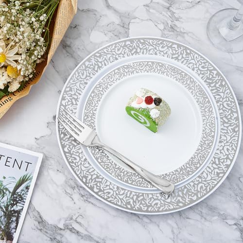 𝟐𝟏𝟎 Count Silver Plastic Dinnerware, Silver Disposable Plates, Includes 30 Dinner & 30 Dessert Plates & 30 Cups & 30 Paper Napkins & 30 Plastic Silverware Set - color: Silver