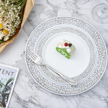 𝟐𝟏𝟎 Count Silver Plastic Dinnerware, Silver Disposable Plates, Includes 30 Dinner & 30 Dessert Plates & 30 Cups & 30 Paper Napkins & 30 Plastic Silverware Set - color: Silver