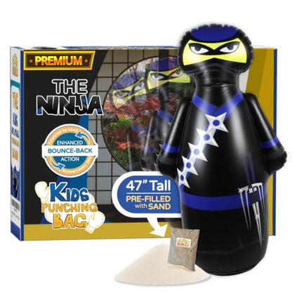 INFLATABLE DUDES Black Ninja Toy 47” - Kids Punching Bag | Sand-Base | Bop Bag, Pre-filled with Sand, Inflatable Toy, Punching Bag for Kids, Enhanced Bounce-Back Action, Indoor/Outdoor - color: Black/Blue Standard Ninja | Pre-filled with Sand