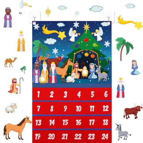 Yexiya Christmas Nativity Advent Calendar 2026 Felt Advent Wall Hanging Craft Calendar with 24 Ornaments Pockets Felt Ornaments Home Decoration for Kids Adults, Countdown to Christmas(Stylish)