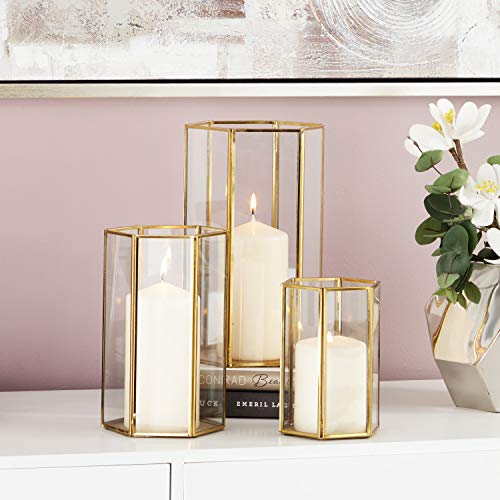 CosmoLiving by Cosmopolitan Glass Decorative Candle Lantern with Metal Plate, Set of 3 6", 8", 10" H, Gold (Pack of 5) - size: 3 PIECES SMALL SIZE (Pack of 5)