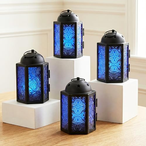 Vela Lanterns Decorative Indoor Mini Candle Holder Centerpieces, Cobalt | Blue Glass Tea Light Holders, Metal Hanging Moroccan Votive Lamp, Turkish & Ramadan Lanterns, 4pc - color: Cobalt Blue
